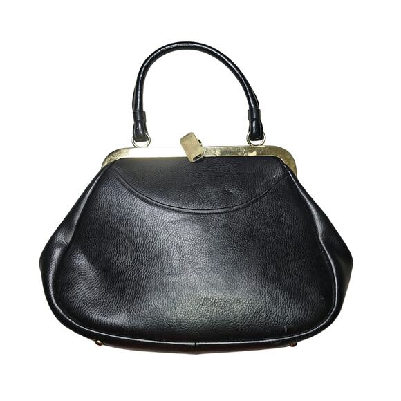 Vintage Black Leather Handbag with Snap Shut Kisslock Entry Medium - Picture 1 of 7